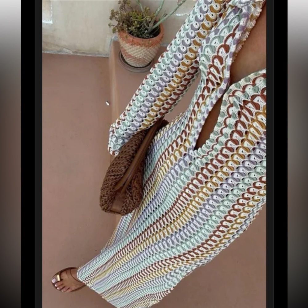 V-neck Collared Crochet Dress BOHO SPLIT WAVY STRIPED BEACH
VACATION MAXI - Picture 8 of 8